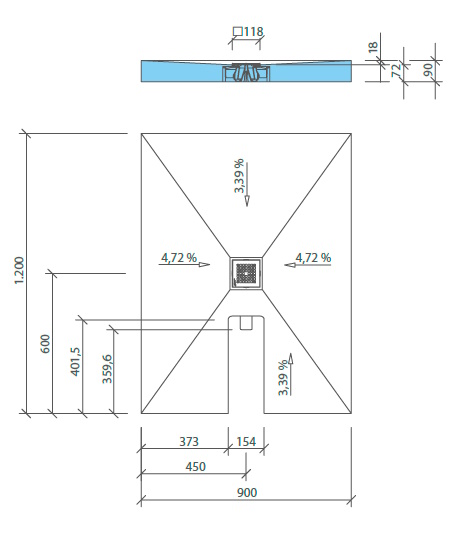 WEDI Fundo Integro Bodenelement mit Punktablauf zentral kurze Seite 1200x900x90 mm
